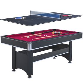 6-ft Pool Table with Table Tennis Top - Black with Red Felt